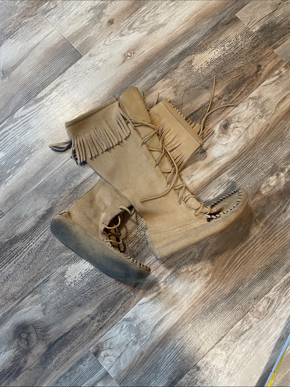 Vintage Minnetonka Fringe Lace-Up Knee-High Moccasin Boots - Tan